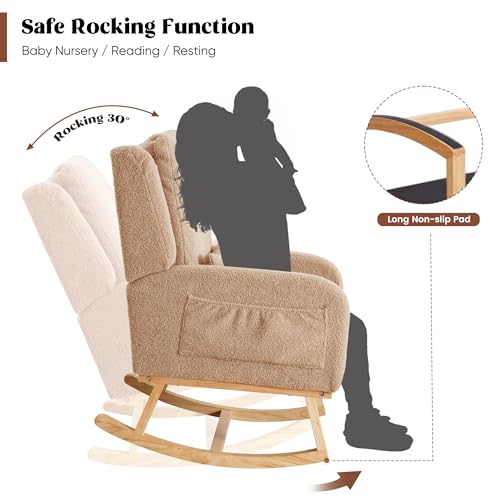 Image of HCHAIRH Rocking Chair Nursery, Boucle Nursing Rocking Chairs, Upholstered Nursery Glider Rocker Wingback Morden Rocking Chair with Lumbar Pillow for Mom Nursery, Living Room, Bedroom, Teddy Khaki