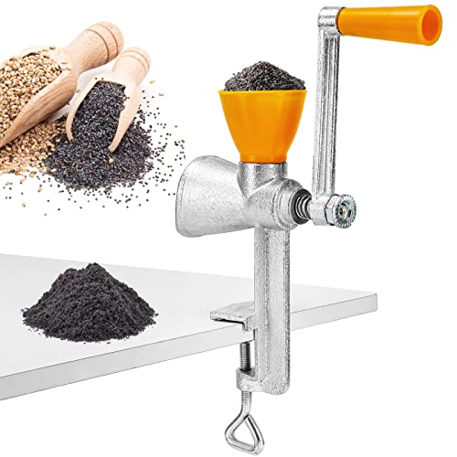 Moongiantgo Molinillo de Cereales Manual con 5,5CM Tolva de Plástico Pequeña y 3,5CM Abrazadera de Mesa, Grosor de Finura Ajustable, Molinillo de Hierro Fundido para Especia, Café, Amapola, Maíz, Nuez Cover