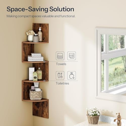 Image of Wooden Corner Shelf Wall-Mounted, Set of 2 Floating Corner Shelves for Wall, 4-Tier Corner Bookshelves for Living Room, Bedroom, Bathroom, Home Office (Brown Finish)