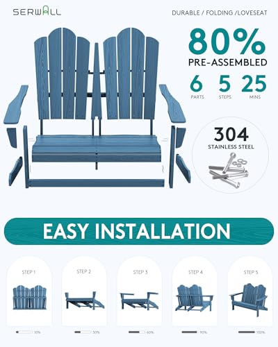 Image of SERWALL Folding Adirondack Bench, HDPE All-Weather, 660lbs Cap, Navy