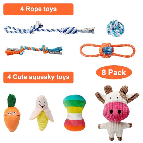 8 Stück Hundespielzeug Kleine Hunde, Welpenspielzeug, Langlebiges Kauspielzeug & Quietschspielzeug Intelligenz, Welpen Bissfestes Kuscheltier, Natürlicher Baumwolle & Ungiftig, Lindern Langeweile