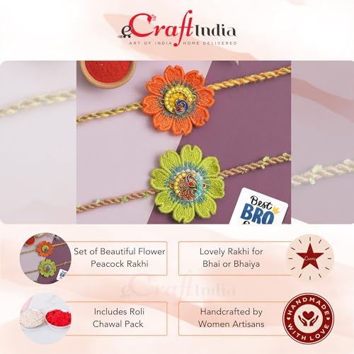 Image of eCraftIndia Orange Yellow Flower Peacock Rakhi Set of 2 | Rakhi for Brother Bhaiya Bhai with Best Bro Ever Fridge Magnet | Roli Chawal Pack