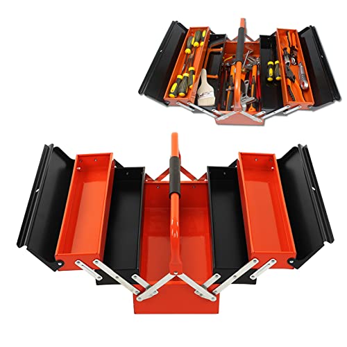 Portable Metal Tool Box with 5 Trays & 3 Levels Foldable Cantilever Storage Organizer with Padlock Lock 420 * 200 * 197mm