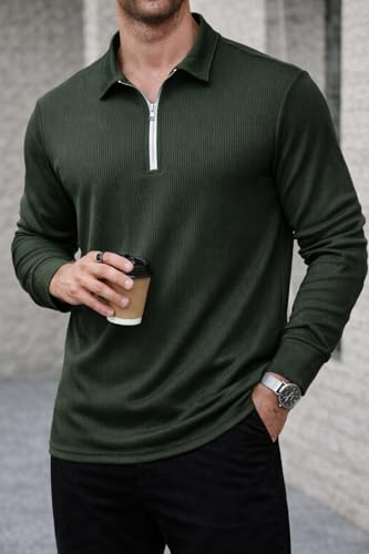 Image of Mack Jonney Men's Premium Ribbed Half-Zip Polo T-Shirt | Long Sleeve Soft Stretch Fabric | Stylish Casual & Smart Wear Top-M6783
