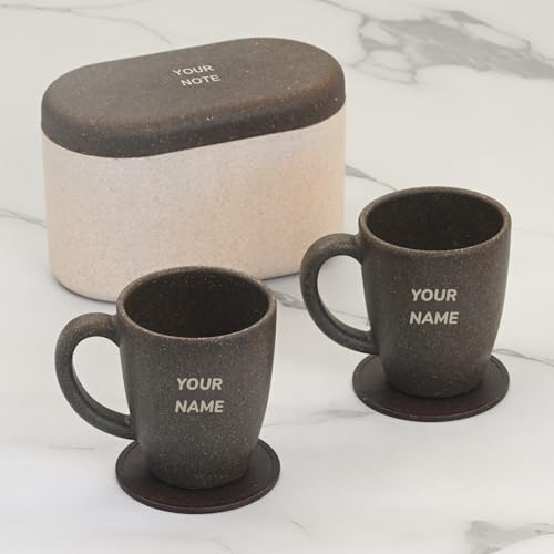 Image of Eha Earth Friendly Customised Coffee Mugs and Coasters Set of 2 with Loopac, 300 ml | Made with Rice Husk Biocomposite | Personalized Gifts for Friends and Family | Coffee