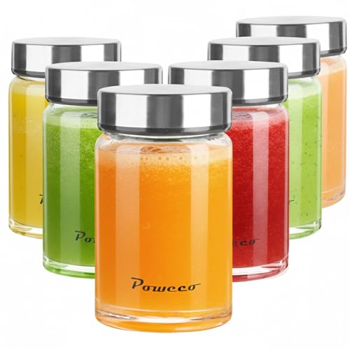 poweco Glass Juice Bottles 6 Pack 10 oz - Wide Mouth Glass Water Bottles with Lids - for Juicing, Protein, Smoothie, Milk, Reusable, BPA Free, Stainless Steel Lids, Blender, Shaker Bottle (300ml)