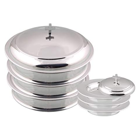 Communion Ware 3 Holy Wine Serving Trays with A Lid & 3 Stacking Bread Plates with A Lid - Mirror Finish Stainless Steel Cover