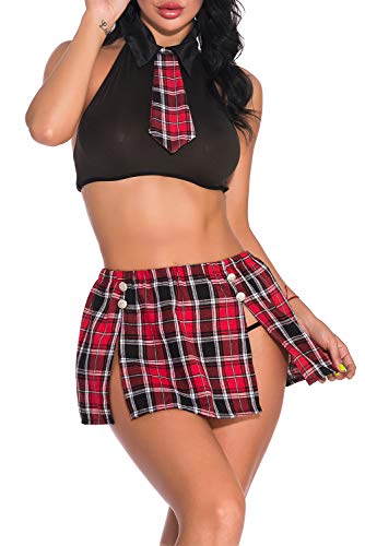 Aranmei Mujer Colegiala Escuela Uniforme de Camisa Colegiala Atractiva Cosplay Sexy Conjunto Lenceria (101 Negro, Medium)