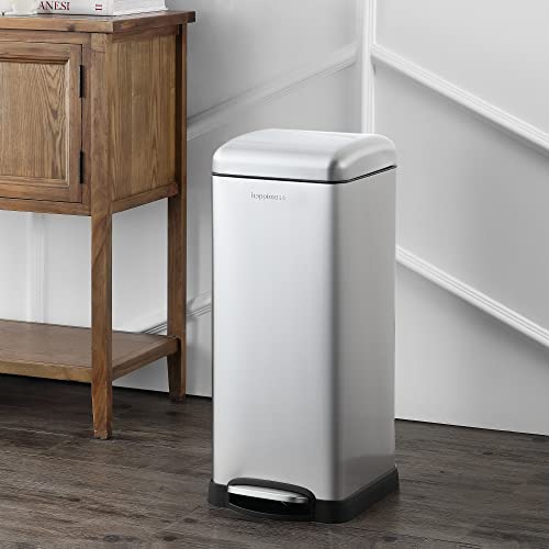 Image of happimess Betty 8 Gal Step Trash Can Soft-Close Lid, Platinum Silver | Fingerprint Resistant, Removable Liner, Semi-Rectangular, Steel Pedal, Iron Powder Coated, 27 inch Height, Non-Skid Base