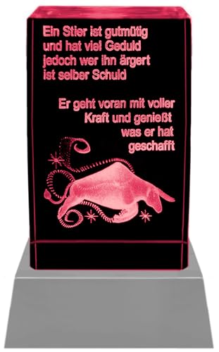 Kaltner Präsente Stimmungslicht LED Kerze/Kristall Glasblock / 3D-Laser-Gravur Horoskop Sternzeichen Stier Astrologie