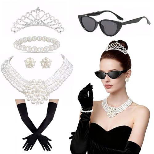 Earssa 7PCS Women 1920s Accessories Set Women Vintage Costume Pearl Necklace Earrings Gloves Sunglasses Cosplay Jewlery Set Halloween Costume