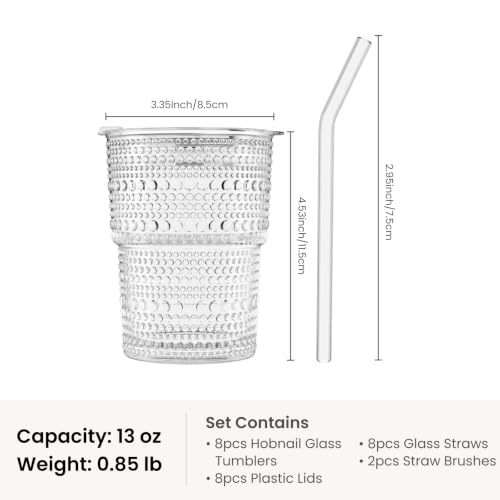 Image of INSETLAN Iced Coffee Cups with Lids and Straws, 13 oz Hobnail Glass Tumbler
