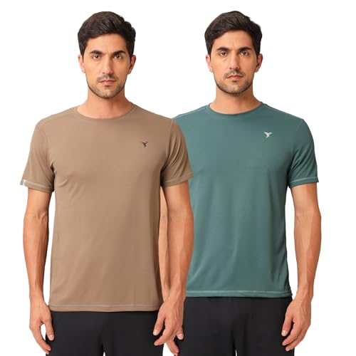 Image of TECHNOSPORT Men's 100% Polyester Slim Fit Solid Short Sleeve T-Shirt for Gym, Workout, Sports and Regular Use - Pack of 2