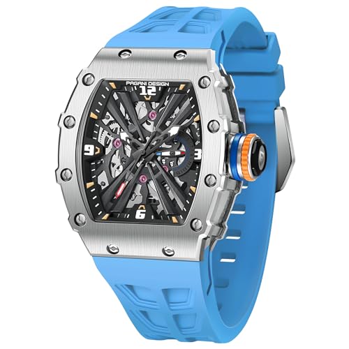 HaiQin Pagani Design 1738 Men's Fashion Watch Japan VH65 Quartz Movement Stainless Steel Skeleton Tonneau Dial Rubber Strap Waterproof Luminous Sports WristWatches, BLUE, Quartz Movement