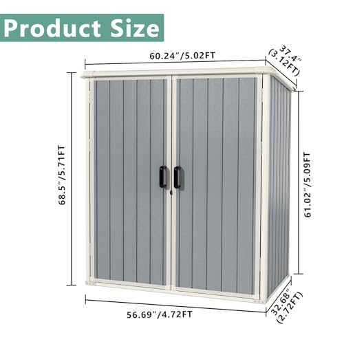 Aoxun Outdoor Storage Shed 5 x 3FT, Resin Shed with Floor and Lockable Door, Plastic Sheds for Garbage Can, Tool, Accessories, Lawn, Garden - Grey