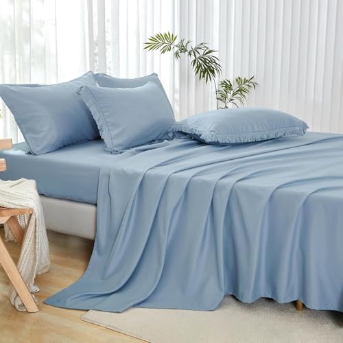 Image of Andency Oversized King Comforter Set with Sheets 120x120 Grayish Blue - 7 Pieces Boho Tassel Bed in a Bag Soft Lightweight Bedding Sets, Fringe Bed Set with Comforter, Sheets, Pillowcases & Shams