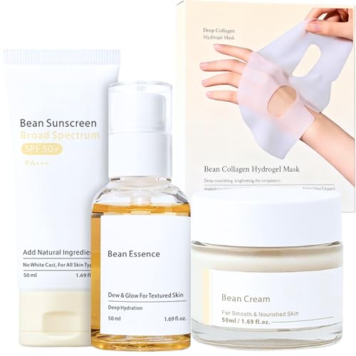 Bean Glass Skin care Set & Kit - Bean Essence & Face Sunscreen SPF50+ & Moisturizer Face Cream, Skincare Gifts for Teenage, Even Tone Skin Care Products for Glowing Complexion (4Pcs)