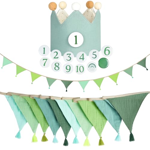 Alaoo Guirlande Fanions,2,6 MèTres Coton BannièRe Drapeau Triangulaire En Tissu,Bébé Anniversaire Couronne,Numéros Remplaçables 1 A 10 pour FêTe PréNatale,Chambre à Coucher Décoration(Vert)