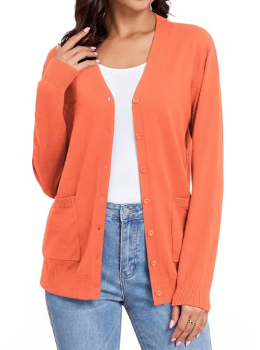 Image of Women's Lightweight Button Down Cardigan Sweaters Long Sleeve Classic V Neck Knit Soft Shrugs with Pocket