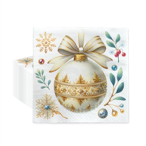 PAW - Christmas Luncheon Napkins 6,5'' x 6,5'', White and Gold Disposable Paper Napkins with Bauble, Elegant Lunch Napkins for Winter Birthdays, Christmas Parties, New Years, Decoupage, 50 Count
