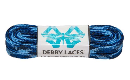 Derby Laces ORIGIN Wide 10mm Hockey Style Waxed Lace for Skates, Roller Derby, Work Boots, and Hiking (Blue Camouflage, 130 Inch / 114 cm)