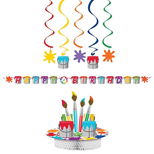 Party Supplies Party Pack Decorations Bundle | Centerpiece, Ribbon Party Banner, and Dizzy Danglers | Bold Kids Art Supplies Theme For A Creative Art Party | Fun Paint Splatter Design