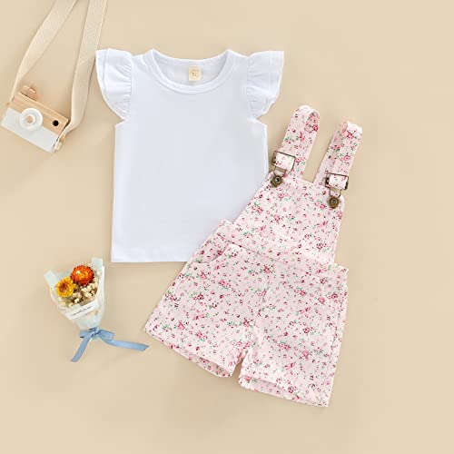 Toddler Baby Girl Overalls Ruffle Sleeve T-Shirt Top Floral Suspender Short Pants Little Kids Summer Clothes Set3