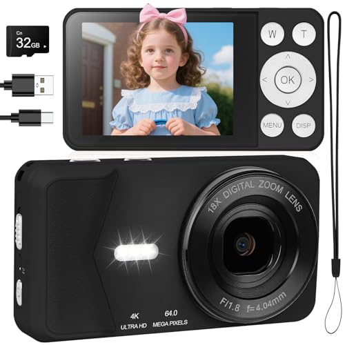 4K Digital Camera - 64MP 2.8 UHD Compact Cameras - Autofocus Rechargeable Vlogging Camera with 32G SD Card Portable Travel Mini Small Camera with 18X Digital Zoom for Kids Beginners Teenagers (Black)