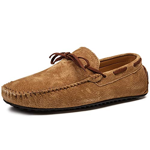 Driving Loafers for Men Deck Moccsins Lace Up Tie Decor Stiching Faux Suede Upper Flat Boat Shoes with Back Non-Slip Studs Business(Brown,10 M US)