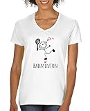 Comedy Shirts - Badminton Herz - Damen V-Neck T-Shirt - Weiss/Schwarz-Rot Gr. XL