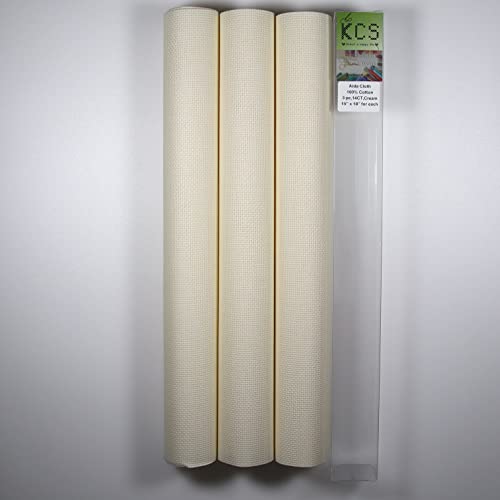 Image of KCS 3 pc of 15 inch x 18 inch Counted Cross Stitch Cotton Aida Cloth Needlework Rolled Fabric Box,14CT,Cream