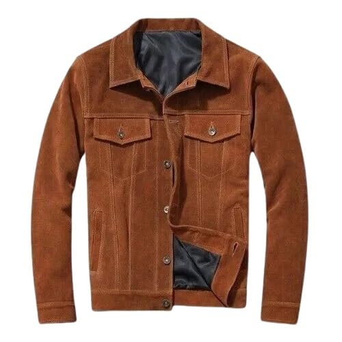 Men's Suede Leather Trucker Jacket Button Front Flap Pockets Brown Suede Jacket