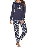 INZOE Pyjama Damen Winter Langarm Schlafanzug Zweiteiliger Hausanzug Nachthemd Lang Sleepwear und Schlafhose für Frauen Blau L