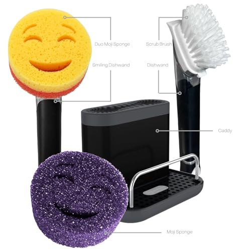 Image of The Original Smiling Handle with Soap Dispensing for Scrub Daddy Sponges & Scrub Moji Sponges with Smilyeez Smile Caddy & Dishwand with 2 Scrub Brushes (Black)