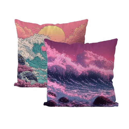 Rosa Outdoor Kissen 4er set Wasserdichte Kissenbezug 55x55 Wasserfest Atmungsaktiv Outdoorkissen Wellen Kissenbezüge Dekokissen Sofakissen für Garten Outdoor Sofa Stuhl Wohnzimmer Balkon Deko B4-485