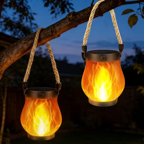 Lanterne solaire d'extérieur avec effet vacillant et charge USB par lot de 2