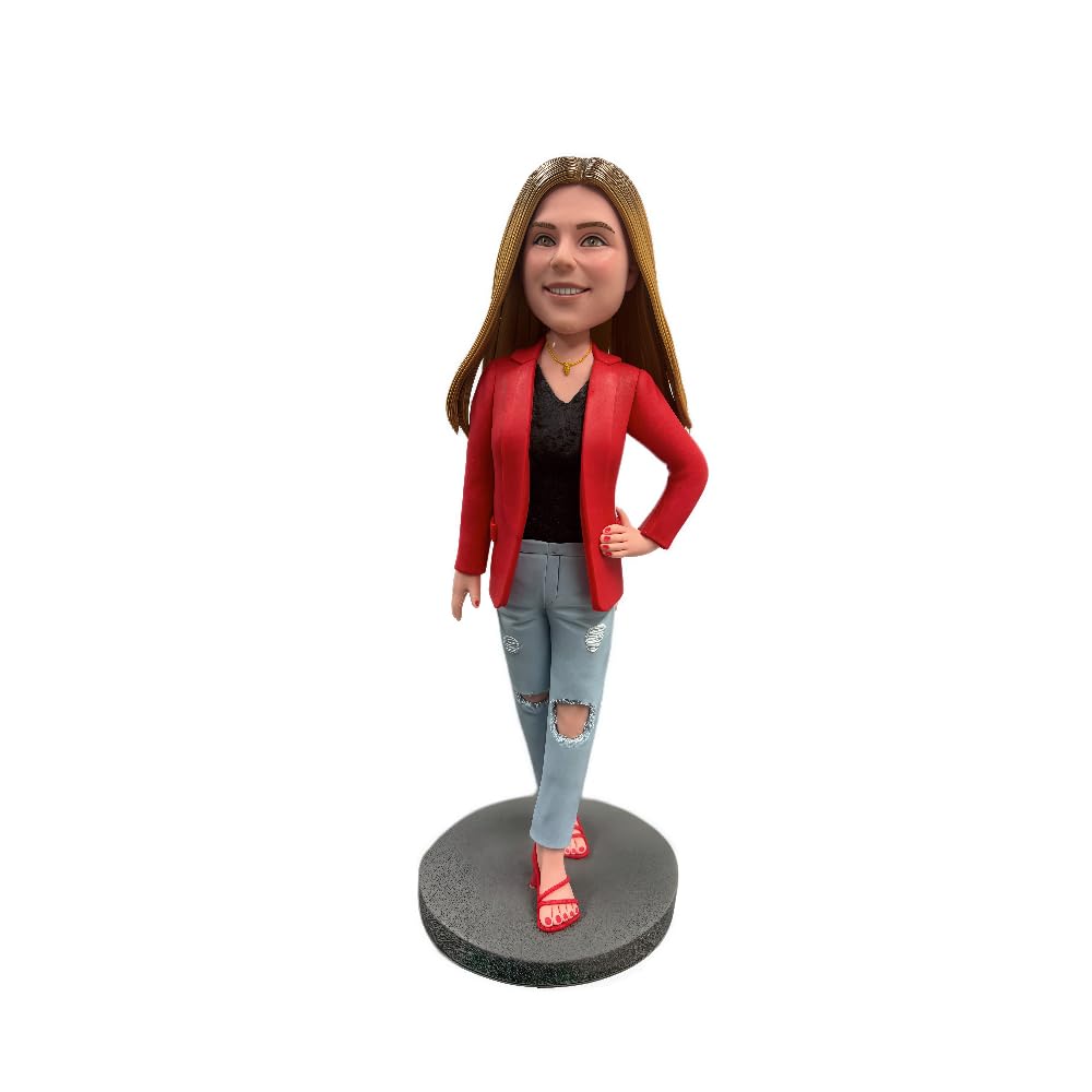 Individuelle moderne Frau Wackelkopf - Personalisierte stilvolle Dame Figur in roter Lederjacke, handgefertigte selbstbewusste Pose Statue, einzigartiges Geschenk für Modeliebhaber