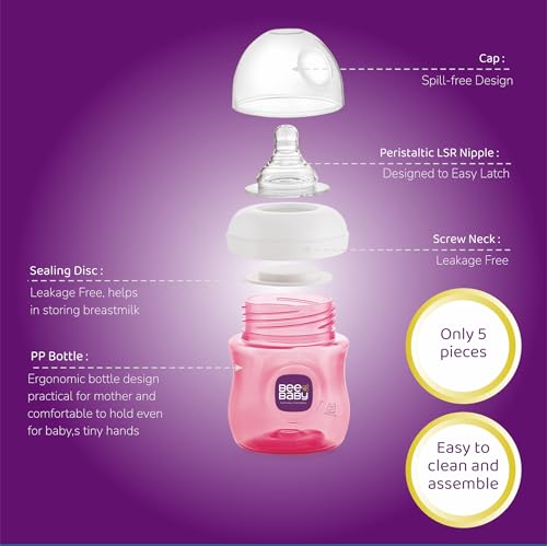Image of BeeBaby Ease Wide Neck Colour Feeding Bottle 150 ml | BPA Free Easy Latching Baby Milk Bottle for Newborns & Infants | Soft Silicone Anti-Colic Nipple Medium Flow (4 Months +) |Pink, Pack of 2