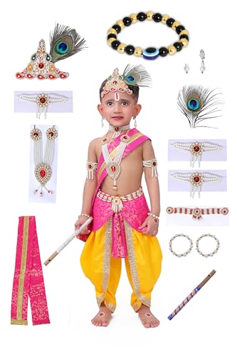 Image of Krishna Dress for Kids, Baby Krishna Dress for Janmashtami with Krishna Mukut, Peacock Feather & Flute Embroidered Krishna Costume for Girl & Boy, 3 Months-8 Years
