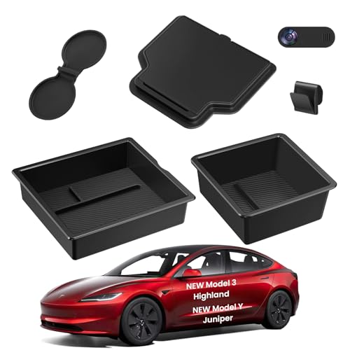 6PCS Upgraded Center Console Organizer for Tesla Model 3 Highland 2024 2025 2026 & Model Y Juniper 2025 2026 Accessories [Smooth Sliding] Armrest Tray Hidden Storage Box Cup Holder Webcam Cover
