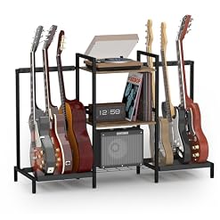Guitar Stand Guitar Rack with 4 Guitar Holders for Acoustic, Electric Guitar,Bass,3-tiers Storage Shelf for Guitar Amp Picks Accessories,Guitar Stuff Organizer for Music Studio Home, Rustic Brown - Les Beatles, Paul McCartney, John Lennon, RIngo Starr, George Harrison