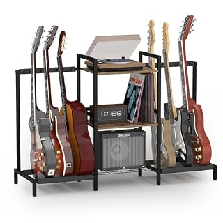 Guitar Stand Guitar Rack with 4 Guitar Holders for Acoustic, Electric Guitar,Bass,3-tiers Storage Shelf for Guitar Amp Picks Accessories,Guitar Stuff Organizer for Music Studio Home, Rustic Brown - Les Beatles, Paul McCartney, John Lennon, RIngo Starr, George Harrison