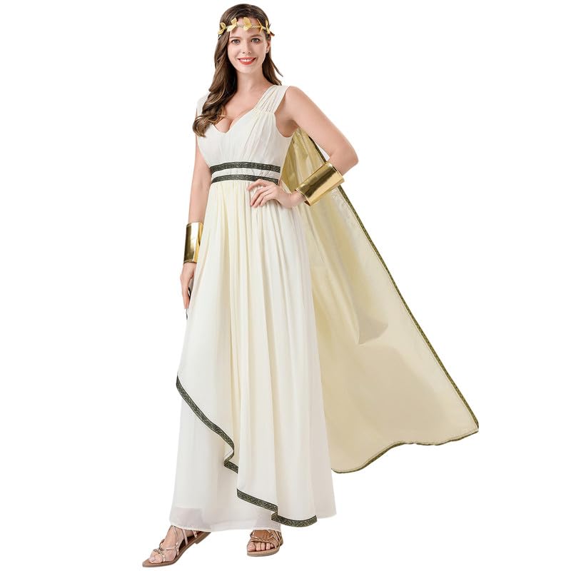 Runstarshow Greek Goddess Costume Women Halloween Fancy Dress Adults Mythology Dress Up Empire Waist Dress Gold Leaf Headpiece Detachable Cape Roman Outfit UK 8-16 (S-XL)
