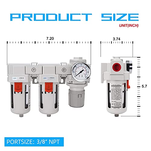 NANPU 3/8" NPT Air Drying System - Double Air Filters, Air Pressure Regulator Combo - Semi-Auto Drain, Poly Bowl - Thumbnail 3