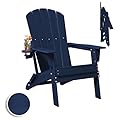 Plawdlik Folding Adirondack Chair, SGS Tested, Wooden Textured with Cup Holder, Heavy All-Weather HDPE Comfortable Set Poolside Backyard Lawn Navy Blue