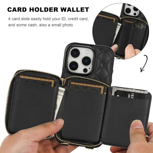 Bocasal Crossbody Wallet Case for iPhone 16 Pro, RFID Blocking PU Leather Zipper Handbag Purse Flip Cover, Kickstand Folio Case with Card Slots Holder Wrist Strap Lanyard 5G 6.3 Inch (Black) - Thumbnail 4