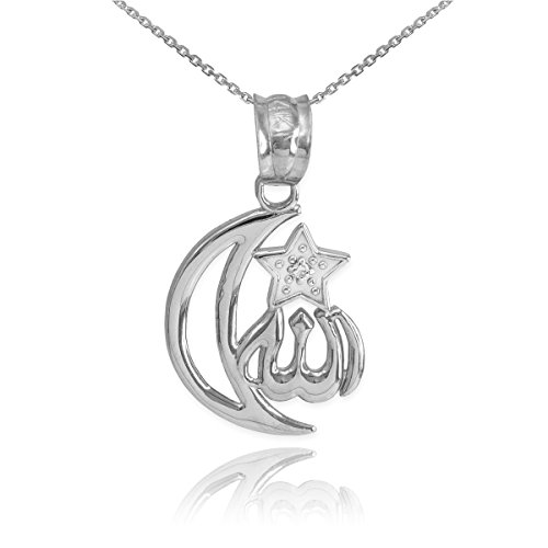 925 Sterling Silver CZ-Accented Islamic Star and Crescent Moon Allah Pendant Necklace