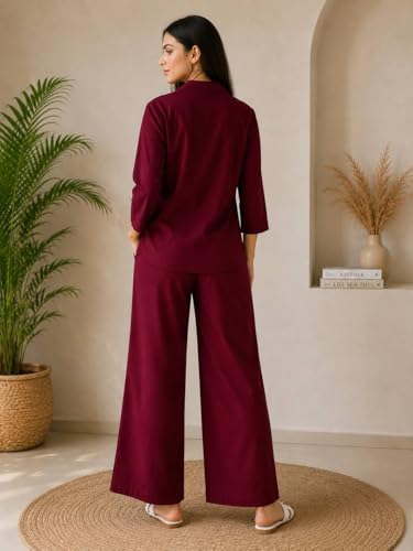 Image of Women's Co Ord Set for Women - Relaxed Fit Collared Top with 3 /4 Sleeves & Wide Leg Palazzo Pants, Casual Lounge Wear Matching Outfit for Daily Wear, Travel & Office