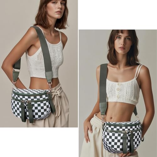 Image of hibear Checkered Crossbody Bag Spacious Bum Bags for Women Nylon Crossbody Fanny Packs Checkered Purse Belt Wallet (W-bean green)