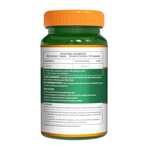 Image of Pure Nutrition L-Taurine 500mg - 120 Veg Capsules | Amino Acid Supplement for Athletic Performance, Muscle Recovery, Cognitive & Heart Health